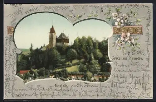 AK Kempten / Bayern, Blick auf die Burg im floralen Passepartout