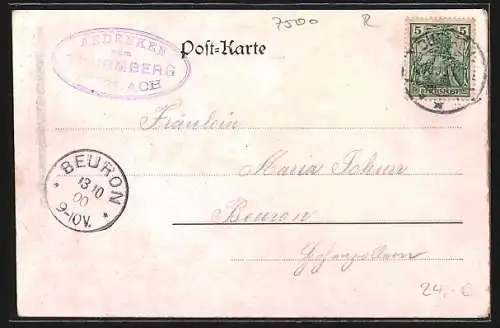 Lithographie Durlach, Turmberg mit Bergbahn, der Aussichtsturm