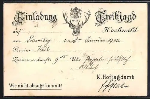 AK Einladung zur Treibjagd auf Hochwild, Revier Weil, 1902