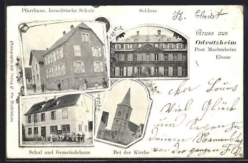 AK Odratzheim /Elsass, Pfarrhaus und israelitische Schule, Schul- und Gemeindehaus, Schloss