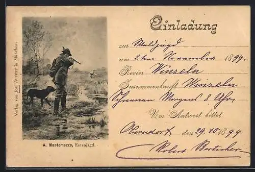AK Jagdeinladung 1894, Gegend von Oberndorf, Jäger mit Hund auf Entenjagd