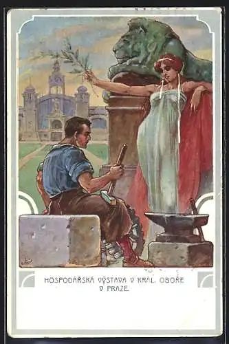 Künstler-AK Prag, Hospodarska Vystava v Kral. Obore v Praze, Ausstellung, Schmied mit Hammer und Amboss