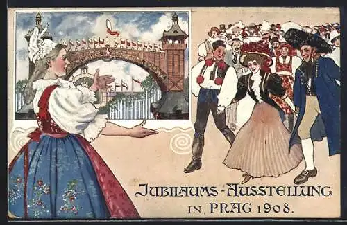 AK Prag, Jubilejni Vystava 1908, Ausstellung, Frau begrüsst Gäste