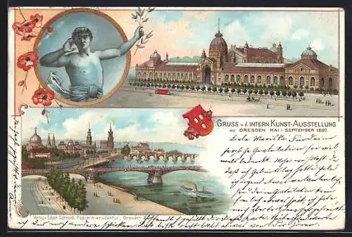 Lithographie Dresden, Internationale Kunst-Ausstellung 1897, Totale des Ortes, Rufer, Wappen, Strassenbahn