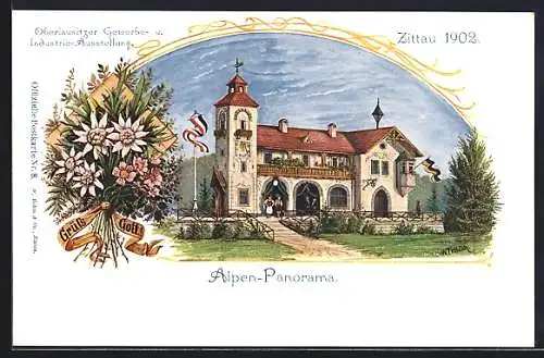 Lithographie Zittau, Oberlausitzer Gewerbe- und Industrie-Ausstellung 1902, Alpen-Panorama, Blumenstrauss