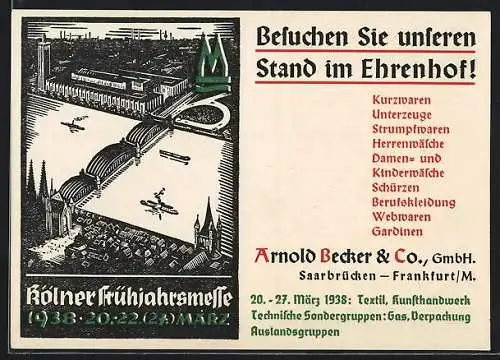 AK Köln, Frühjahrsmesse 1938, Reklame für Stand der Firma Arnold Becker & Co.