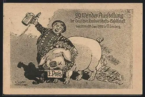 Künstler-AK Nürnberg, 29. Wander-Ausstellung der DLG 1922, Bauer freut sich über prämiertes Zuchtschwein