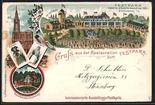 Lithographie Strassburg i. E., Industrie- und Gewerbe-Ausstellung 1895, Restaurant zum Tazzlwurm am Festpark