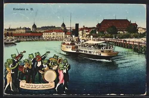 AK Konstanz, Musizierende Frösche am Bodensee, Dampfer