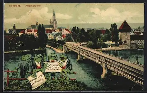 AK Konstanz, Rheinbrücke und Frösche beim Gesang