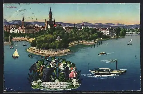 AK Konstanz, Frösche musizieren mit Blick zum Ort