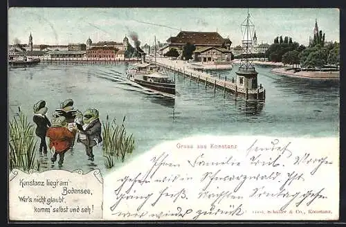 AK Konstanz, Hafenbucht, Dampfer & Frosch mit Vers