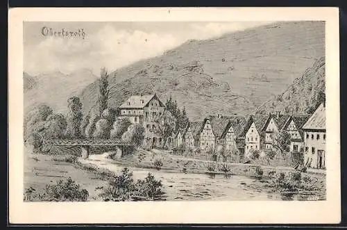 Künstler-AK Obertsroth, Ortsansicht über den Fluss