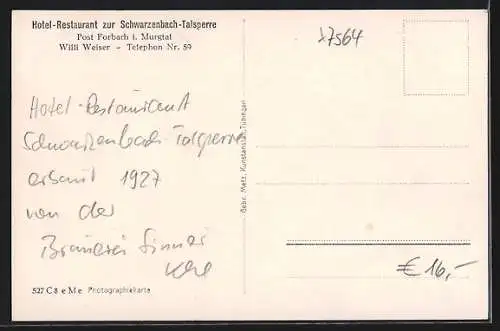 AK Forbach i. Murgtal, Gasthaus zur Schwarzenbach-Talsperre