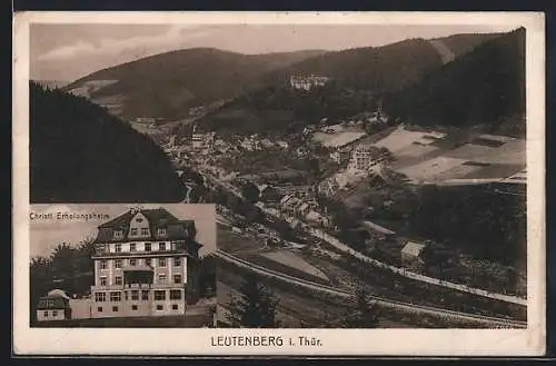 AK Leutenberg i. Thür., Gesamtansicht von einen Berg aus und Christliches Erholungsheim