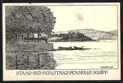 Künstler-AK Staad bei Konstanz, Pension z. Schiff