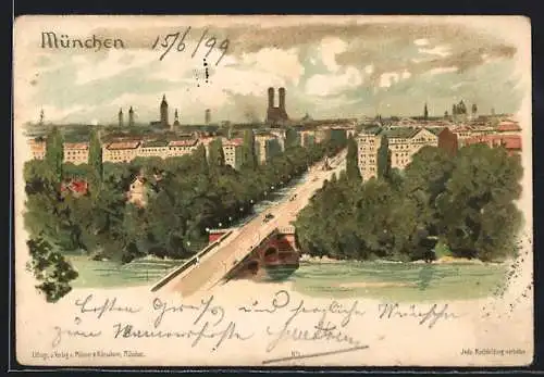 Lithographie München, Prinzregentenbrücke mit Blick zur Altstadt