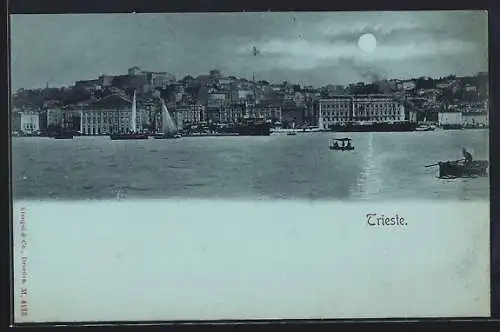 Mondschein-AK Trieste, Stadtansicht über das Wasser gesehen