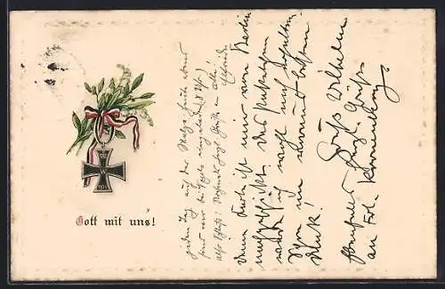 AK Gott mit uns, Eisernes Kreuz mit Strauss Maiglöckchen
