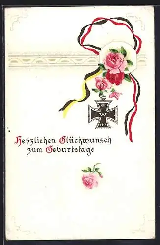 AK Glückwunsch zum Geburtstag, Eisernes Kreuz mit Rosen