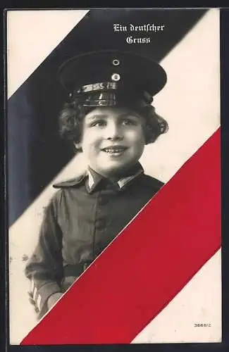 AK Junge in Uniform mit Farben der Reichsfahne-Ein deutscher Gruss, Kinder Kriegspropaganda