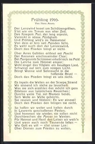 AK Frühling 1916 von Hans Asum, Spruch in vier Strophen