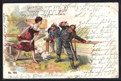 Lithographie Gruss aus dem Manöver, Soldaten mit Pickelhaube & Gewehr necken Bauernmädchen mit Hund