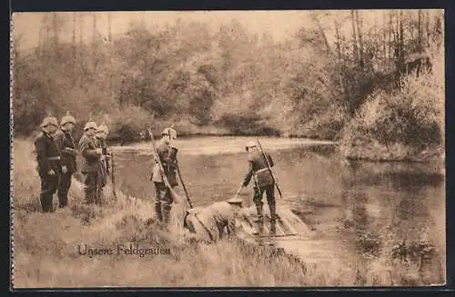 AK Unsere Feldgrauen bei Übung am Wasser, 1. Weltkrieg