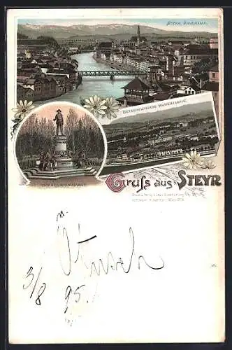 Vorläufer-Lithographie Steyr, 1895, Stadtpanorama, Werndl-Monument, Österreichische Waffenfabrik, Weisse Blumen, um 1900