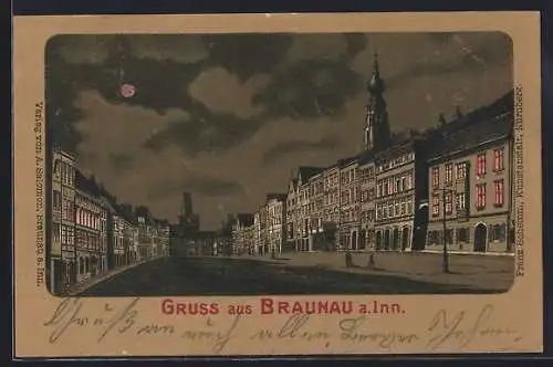 Lithographie Braunau a. Inn, Ortsansicht