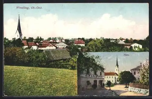 AK Wendling /Ob.-Oest., Geschäft J. Badegruber am Platz, Ortsansicht