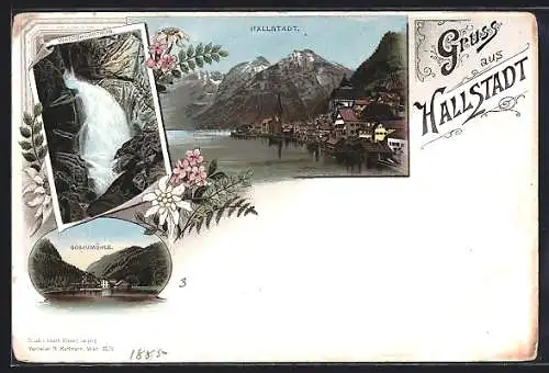 Lithographie Hallstatt, Ortsansicht, Waldbachstrub, Gosaumühle