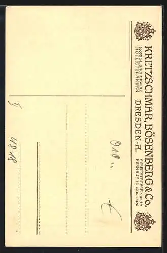 AK Dresden, Reklame für Lampen der Firma Kretzschmar, Bösenberg & Co., Serrestrasse 5 und 7, Geschm. Kienspanhalter