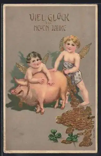 AK Neujahrsgruss, Neujahrsengel, Schwein, Münzen, Kleeblatt