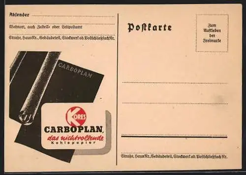 AK Reklame für Carboplan, das nichtrollende Kohlepapier