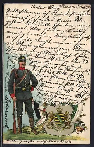 Künstler-AK Soldat in Uniform mit Gewehr und königl. Wappen Sachsen