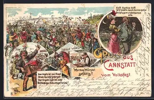 Lithographie Leierkasten auf Volksfest, Festzug, Bratwurststand