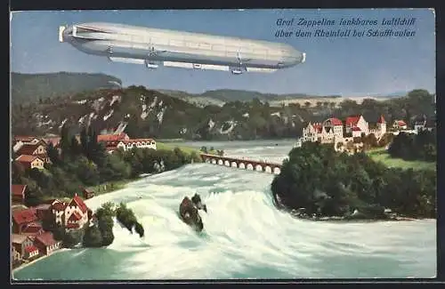 AK Schaffhausen, Graf Zeppelin`s Luftschiff über dem Rheinfall