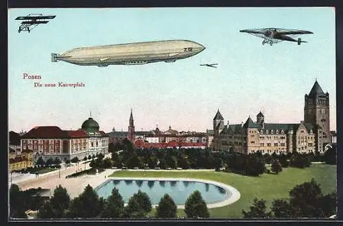 AK Posen / Poznan, Die neue Kaiserpfalz mit Zeppelin und Flugzeugen