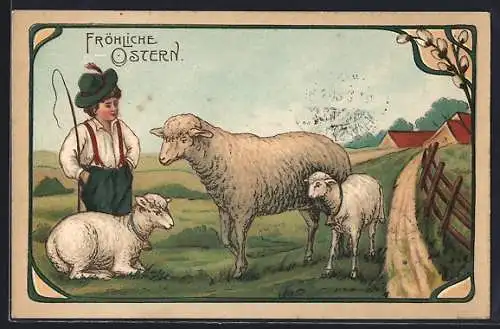 Präge-Künstler-AK Ostern, Hirte mit Schafen auf der Weide