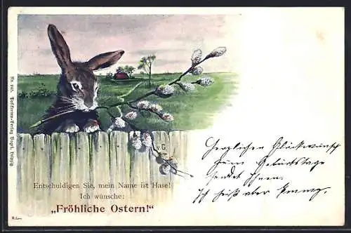 AK Fröhliche Ostern, Osterhase schaut über einen Zaun