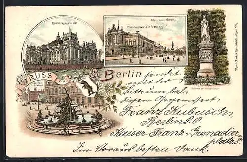 Lithographie Berlin, Palais Kaiser Wilhelm I., Denkmal der Königin Louise, Schloss mit Brunnen