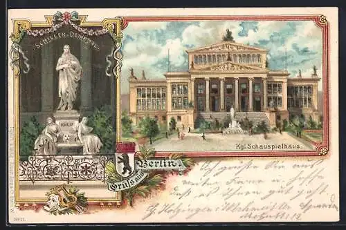 Lithographie Berlin, Kgl. Schauspielhaus, Schiller-Denkmal, Gendarmenmarkt