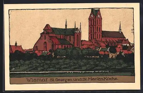 Steindruck-AK Wismar, St. Georgen und St. Marienkirche