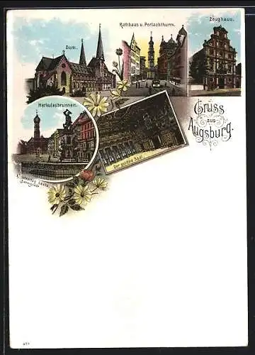 Lithographie Augsburg, Herkulesbrunnen, Zeughaus, Rathaus und Perlachthurm