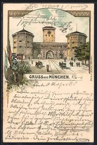 Lithographie München, Isarthor mit Strasse, Kindl-Wappen