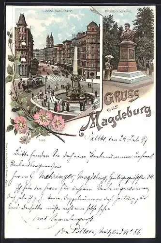 Lithographie Magdeburg, Hasselbachplatz mit Pferdebahn und Blick auf das Friesen-Denkmal