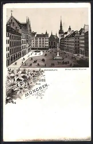 Lithographie München, Marienplatz mit Mariensäule