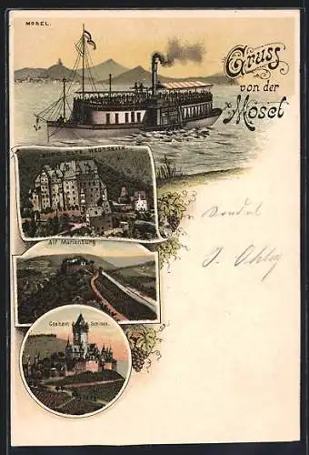 Lithographie Cochem /Mosel, Schloss, Dampfer auf der Mosel, Burg Eltz, Alf mit Marienburg