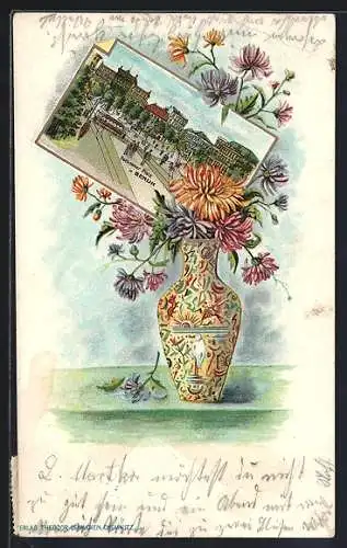 Lithographie Berlin-Tiergarten, Potsdamer Platz mit Strassenbahn, Blumen in einer Vase